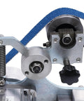 Close-up of Heavy Build Desktop Belt Sander DIY Polishing And Grinding Workhorse 550W high torque machine components and belt.