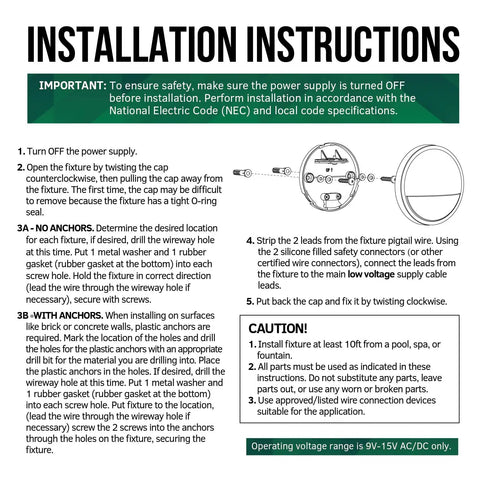 Installation instructions for Low Voltage 12V Outdoor Landscape Deck Light Set with screw-free design.