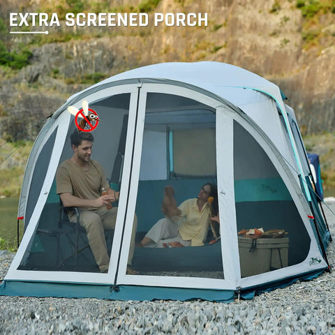 Six Person Family Camping Tent With Screen Porch Weatherproof All Season Large Cabin Style Shelter set up outdoors