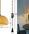 Plug In Pendant Light With Rattan Woven Lampshade And Hemp Rope Cord, Dimmable Switch, 14 Foot Hanging Lamp in cozy dining area