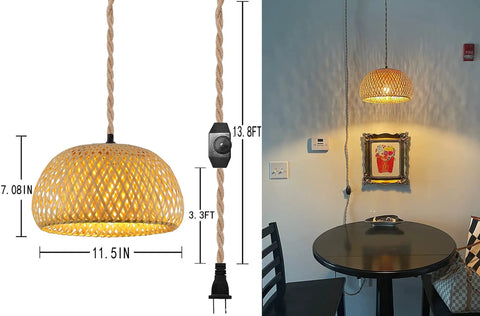 Plug In Pendant Light With Rattan Woven Lampshade And Hemp Rope Cord, Dimmable Switch, 14 Foot Hanging Lamp in cozy dining area