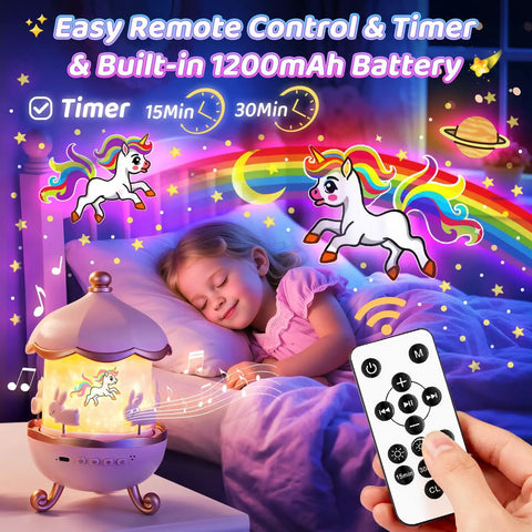Unicorn Night Light Projector For Kids Room, 360 Degree Rotation With Remote, 21 Colors And 3 Brightness Modes, 15 Films