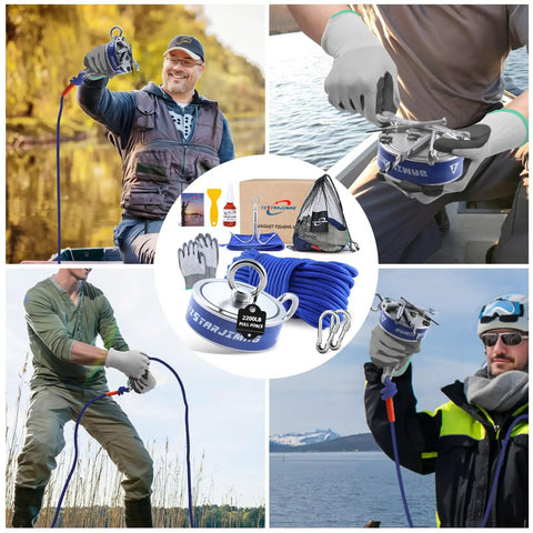 Heavy-Duty Double-Side Magnetic Fishing Kit With 2200 Lb Pull Power, 66 Ft Rope, 3.85 Inch Magnet, Accessories, Gloves, Hook