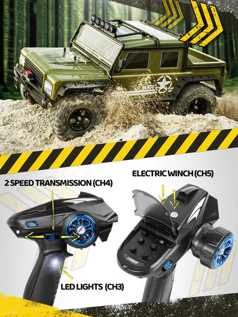 1:8 Scale RC Crawler Beast 4WD Off-Road Monster With 2-Speed Transmission, Waterproof Brushed Motor, High Torque Rock Crawler In Army Green, Ready To Run RTR Toy Car Gift For Men And RC Fans navigating rocky terrain with remote control features shown