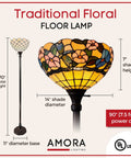 Tiffany Style Floor Lamp Torchiere With Peacock Stained Glass, 72 Inch Tall Vintage Standing Light For Living Room.
