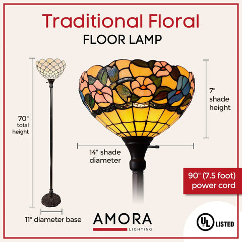 Statement Floor Lamp With Floral Hummingbird Stained Glass, 70 Inch Tall, Handcrafted Antique Finish, 255 Glass Pieces, Warm Amber Yellow Glow For Living Room And Reading Nook, Artsy Dope Centerpiece, showing full view with measurements.