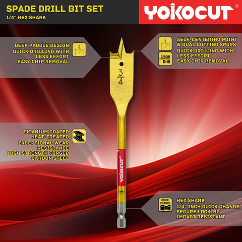 Spade Drill Bit Set 6 Piece Paddle Bits Three Eighths To One Inch With One Quarter Hex Shank For Woodworking showcasing front view