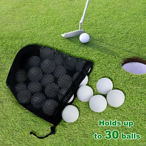 Six Pack Golf Ball Mesh Bags With Drawstrings For Easy Storage And Travel, filled with golf balls near putting green and hole.