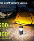 Ultra Bright LED Camping Lanterns 4 Pack For Power Outages with tent and hammock, 600 lm, illuminating campsite at night.