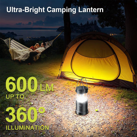 Ultra Bright LED Camping Lanterns 4 Pack For Power Outages with tent and hammock, 600 lm, illuminating campsite at night.