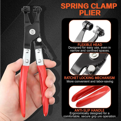Hand holding spring clamp plier with red handles, part of the 352 Piece Spring Band Hose Clamp Kit With 15 Sizes From 6 To 25 Mm In Grey.