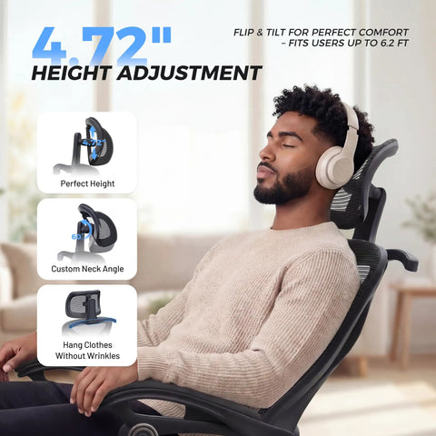 Person sitting on ergonomic office chair with footrest, adjustable headrest, supports up to 6.2 ft users, mesh back design.