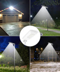 2 Pack Solar Street Lights Outdoor 10000 Lumens Dusk To Dawn LED Solar Lights With Motion Sensor IP65 Waterproof Security Flood Lights For Parking Lot Yard And Garden All Night Bright Cool White illuminating driveway and garden at night.