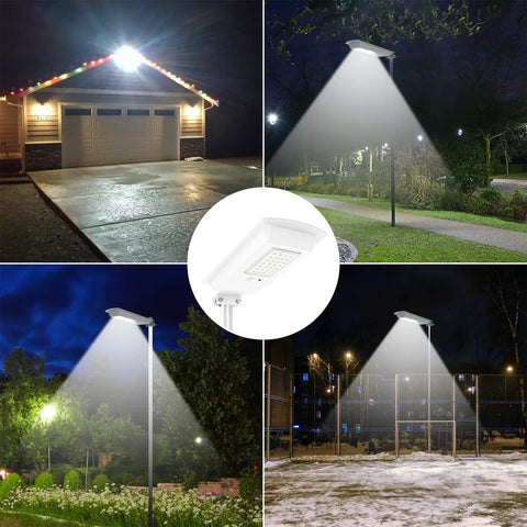 2 Pack Solar Street Lights Outdoor 10000 Lumens Dusk To Dawn LED Solar Lights With Motion Sensor IP65 Waterproof Security Flood Lights For Parking Lot Yard And Garden All Night Bright Cool White illuminating driveway and garden at night.