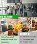 Image comparing Sun Powered Drip Irrigation System With Auto Watering Kit and Timer to traditional no drip kit for pots and plants.