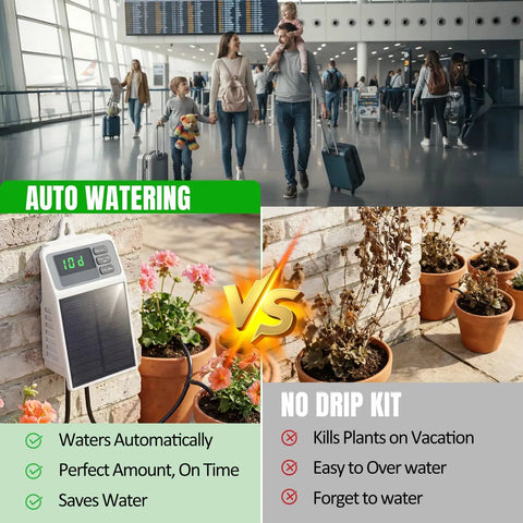 Image comparing Sun Powered Drip Irrigation System With Auto Watering Kit and Timer to traditional no drip kit for pots and plants.