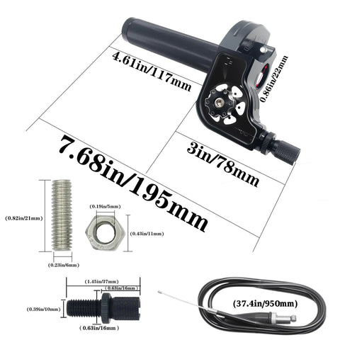 Seven Eighths Inch Quick Twist Throttle Grips With See Through Cable Box dimensions and parts highlighted