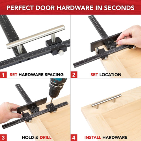 Cabinet Hardware Jig With Patent Pending True Calibration And Laser Engraved Rulers for accurate knob and pull placement steps.