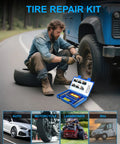 Heavy Duty Tire Repair Kit With Plugs T Handle Probe Insert Tool Glue And Case For Car Truck Motorcycle Atv On The Fly Flat Fixes That Are Dang Sure Working Slick Road Rescue Kit displayed with a man repairing a tire.