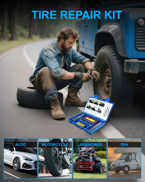 Heavy Duty Tire Repair Kit With Plugs T Handle Probe Insert Tool Glue And Case For Car Truck Motorcycle Atv On The Fly Flat Fixes That Are Dang Sure Working Slick Road Rescue Kit displayed with a man repairing a tire.