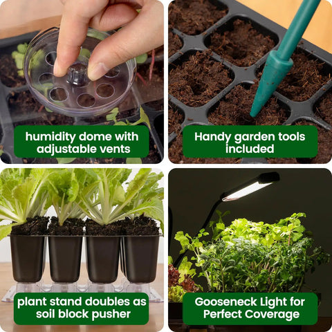 No-Fuss All-In-One 72 Cell Self Watering Seed Starter Kit With Grow Light Three Pack showing vents, tools, plants, and light