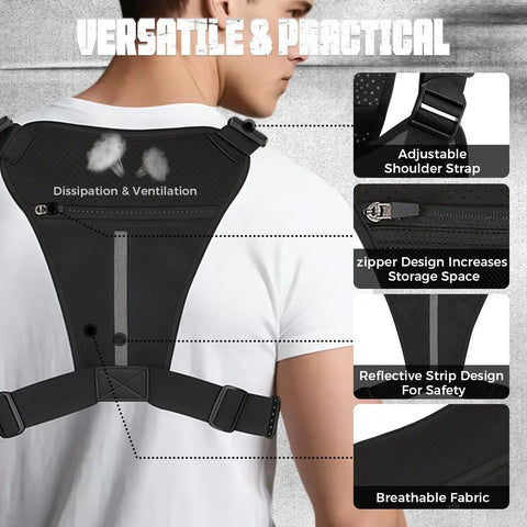 Back view of slim black Outdoor Chest Bag For Men With Built In Phone Holder, Lightweight EDC Chest Pack For Workouts, Running, Cycling, And Hiking