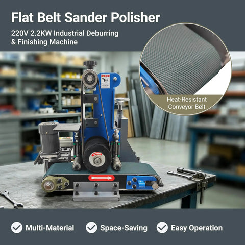 Premium 220V Flat Belt Sander Polisher For Metal And Wood Shop Work showing machine with heat-resistant conveyor belt.