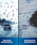 Split view of Rain-X 22-inch windshield wiper blades: left treated windshield beads water, right untreated streaks.