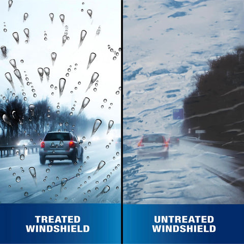 Split view of Rain-X 22-inch windshield wiper blades: left treated windshield beads water, right untreated streaks.