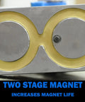 Two Stage Magnet increases magnet life for Kicking Heavy Duty Two Speed Magnetic Drill With Pressurized Coolant Setup.
