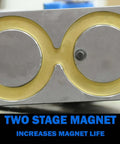 Magnetic drill base block with dual round magnets and yellow rings; Made in USA label top-right