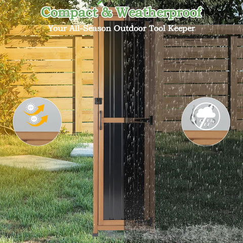 62 Inch Tall Narrow Outdoor Storage Cabinet With Metal Top Waterproof All Weather Storage Unit in rain