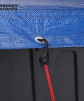 Beefy Heavy Duty Bungee Cord Set With Hooks securing a blue tarp to a storage container, visible triple braided PET core