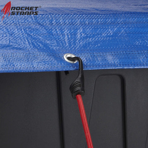 Beefy Heavy Duty Bungee Cord Set With Hooks securing a blue tarp to a storage container, visible triple braided PET core