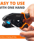Hand holding Ratcheting Wire Crimp Tool For Heat Shrink Connectors With Precision Die And Ergonomic Grips, demonstrating easy use.