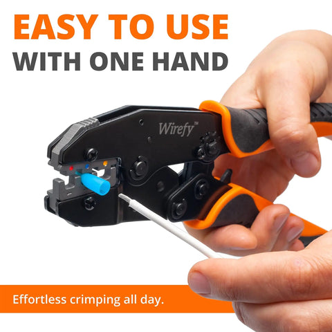 Hand holding Ratcheting Wire Crimp Tool For Heat Shrink Connectors With Precision Die And Ergonomic Grips, demonstrating easy use.