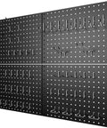 Heavy Duty Metal Pegboard Panels Four Pack With Fifty Hooks For Garage Workshop Office Or Craft Room Rust Resistant Steel Wall Organizer 16 By 12 Inches Tough As Nails Tool Storage For Workbench And More, showing black steel panels with hooks.