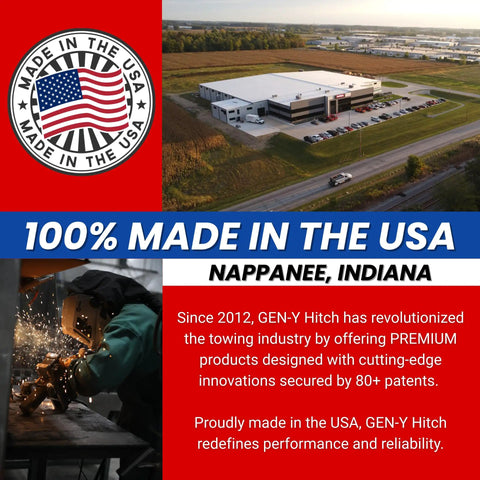 100% Made in the USA banner highlighting GEN-Y Hitch products and factory in Nappanee, Indiana, emphasizing American manufacturing