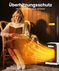Woman using All In One Indoor Space Heater With 1500W Max, Remote Control, Thermostat, LED Display, 70 Degree Oscillation in cozy room.