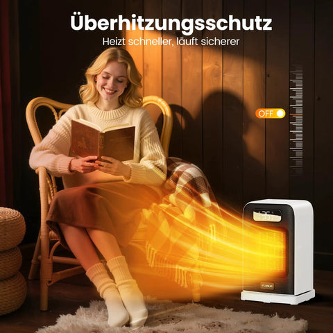 Woman using All In One Indoor Space Heater With 1500W Max, Remote Control, Thermostat, LED Display, 70 Degree Oscillation in cozy room.