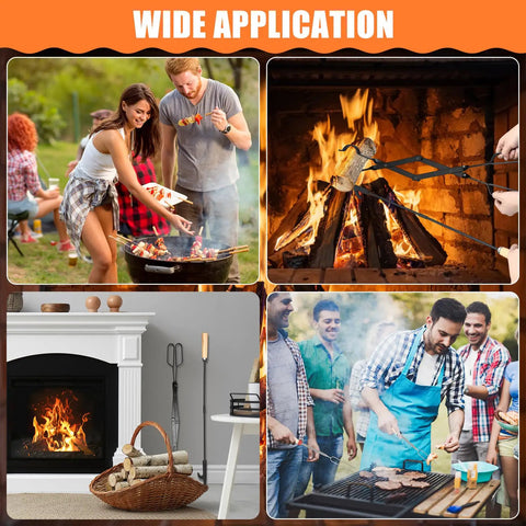 Collage of campfire gear use: roasting marshmallows, grilling, and fireplace tools included in All In One Campfire Gear Set