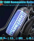 Close-up of 48V 13Ah removable battery on Two Seater Fat Tire Ebike With Front Basket And Rear Seat, 1000W Peak Power, UL2849 Black