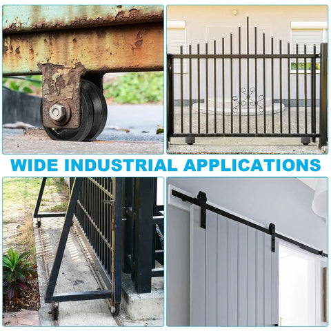 Beefy Heavy Duty Cast Iron V Groove Wheel 4 Inch By 1.5 Inch With Steel Housing, used for sliding gate and rail system, shown in applications.