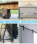 Rock Solid And Built Like A Tank 6X2 Inch Cast Iron V Groove Wheel With Steel Housing, Heavy Duty 1000 Lb Load Bearing Roller For Sliding Gate Tracks, Railroad Rails, Industrial Carts And Machinery, Matte Black, 1 Pack, shown in various industrial applications.
