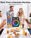 All In One Karaoke System With Two Wireless Microphones Portable Bluetooth Speaker for home parties with friends using microphones.