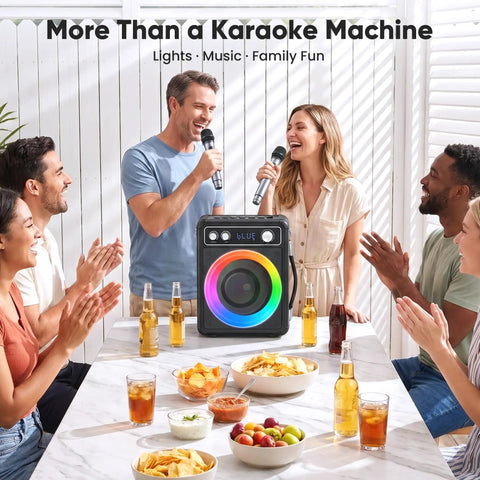 All In One Karaoke System With Two Wireless Microphones Portable Bluetooth Speaker for home parties with friends using microphones.