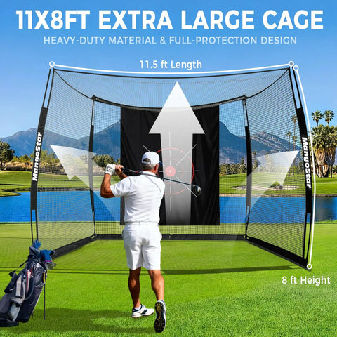 Golfer using 11x8Ft Golf Practice Net With High Density Impact Screen And Target Cloth for home training, outdoors