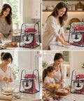 Collage of Clear Heavy Duty PEVA Stand Mixer Cover for 5 to 8 Quart Mixers in a kitchen setting, protecting red stand mixers.