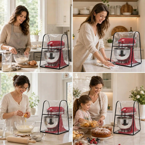 Collage of Clear Heavy Duty PEVA Stand Mixer Cover for 5 to 8 Quart Mixers in a kitchen setting, protecting red stand mixers.