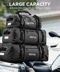 Stacked Waterproof Motorcycle Dry Bag 50L Duffel Luggage With Zippered Closure and Pocket Shoulder Straps on a motorcycle
